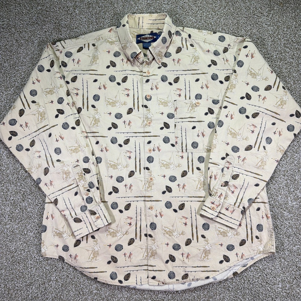 Vintage Ruff Hewn Fly Fishing All Over Print Button Down Shirt Size XL 90s - Picture 1 of 7